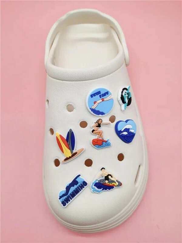 Design Surfing Swimming Beach Holiday Croc Pins Charms Shoe Buckle Decorations Garden Clog Shoe Accessories Adult Kid Party Gift
