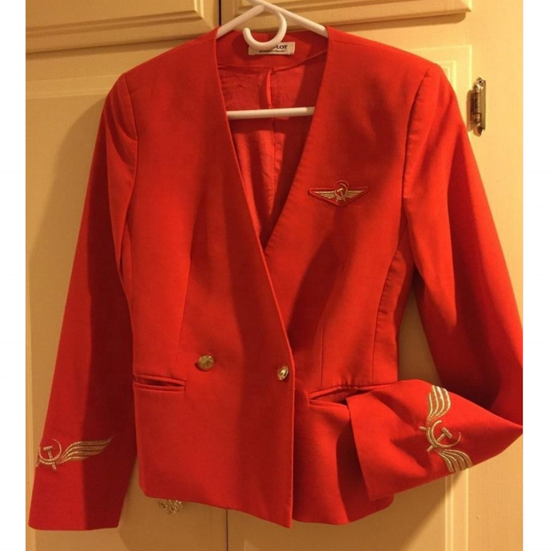 Hat Scarf Jacket Dress Suit Sexy Russian Airlines Flight Attendants Uniform Bright Red Orange Color Long for Women Embroidered