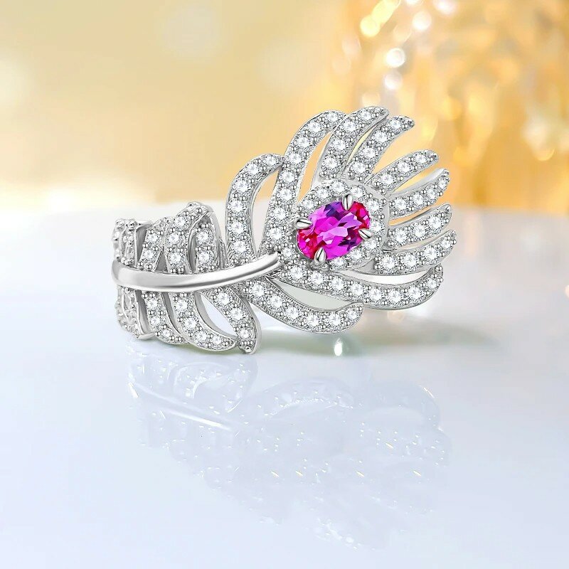Lekki luksusowy 925 srebrny turmalinowy zestaw pierścieni z piór sztuczny różowy o wysokiej zawartości węgla diamentowy temperament, niszowy design wszechstronny