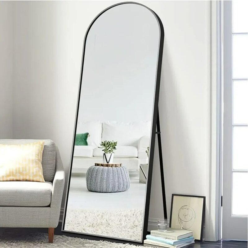 Изогнутое полноразмерное зеркало, большое изогнутое настенное зеркало, напольное зеркало с подставкой, алюминиевый сплав, тонкая рама, 65x22 дюйма, черное, бесплатная доставка