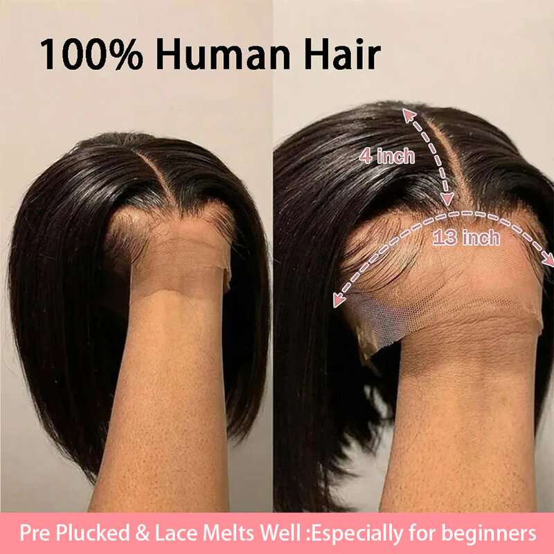 Peluca de cabello humano liso de 13x4 para mujer, postizo de pelo corto brasileño Remy, transparente, 4x4, predesplumada, 14 pulgadas