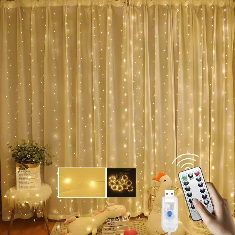 Guirxiété lumineuse LED avec télécommande USB, décoration de rideau, lumières dégradées, 8 modes, vacances, mariage, chambre à coucher