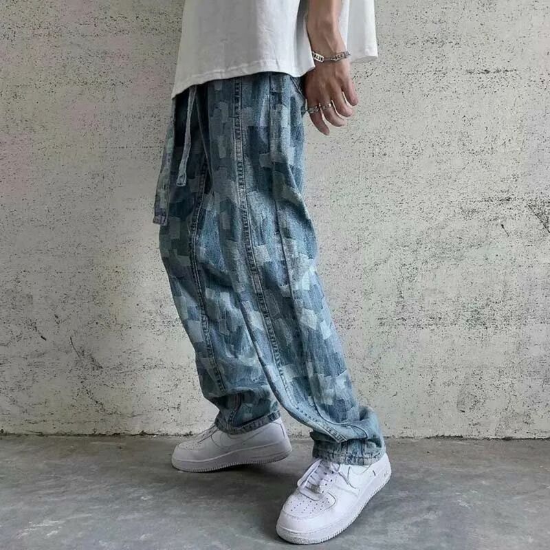 กางเกงยีนส์ผู้ชายแฟชั่นแนวโน้มเสื้อผ้าแนวฮิปฮอปวัยรุ่นลายสก๊อตกางเกงขากว้างกางเกงยีนส์ญี่ปุ่น Streetwear Casual Stright ริบบิ้น