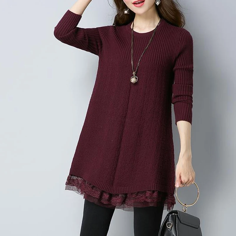 Women Clothing Solid Color Loose Long Sleeve O-neck Loose Knitting Pullovers Fashion Vintage Autumn New Lace Patchwork Sweaters