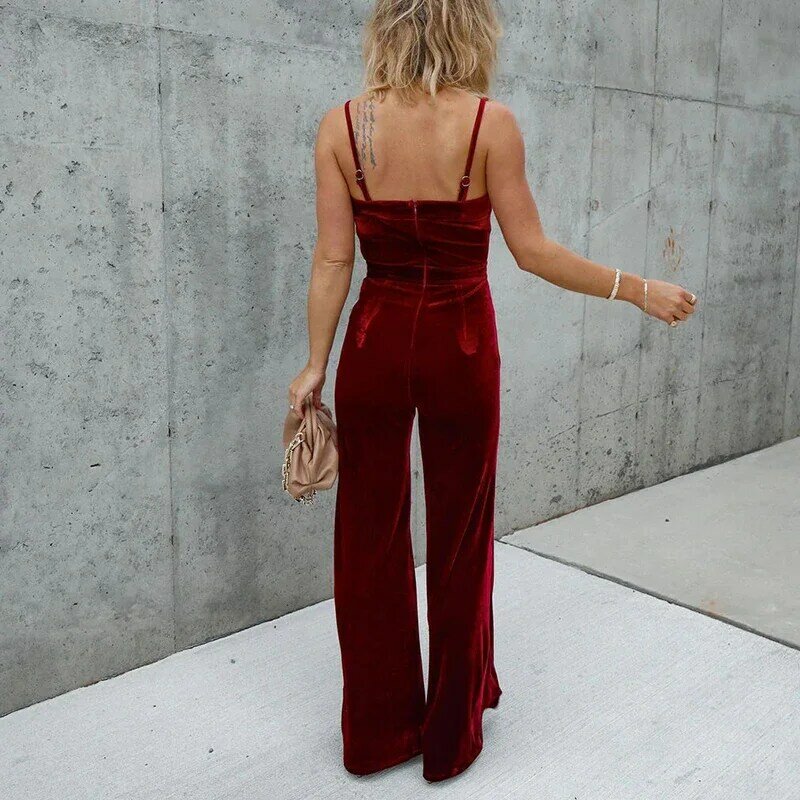 Casual Sleeveless Straps Romper Lady Sexy V Neck High Waist Playsuit Overalls Korean Velvet Solid Straight Pants Women Jumpsuits