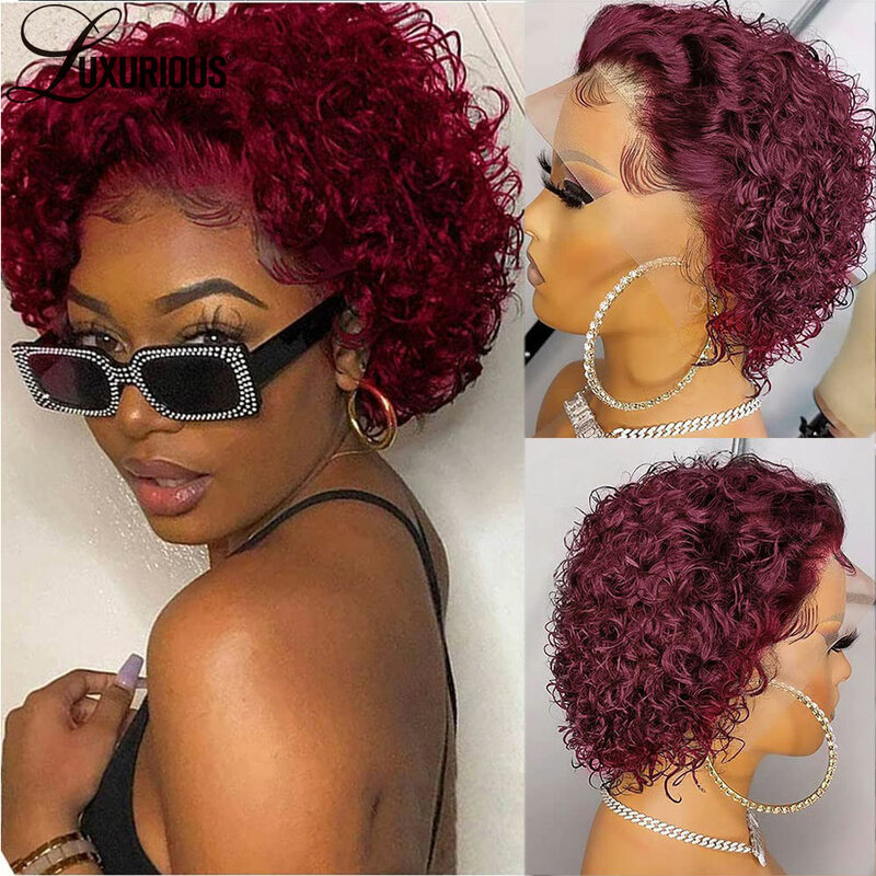 Short Curly Pixie Cut Lace Frontal Wig 13x1 Burgundy Pre Plucked Wig For Women Brazilian Human Hair Transparent Lace Front Wigs