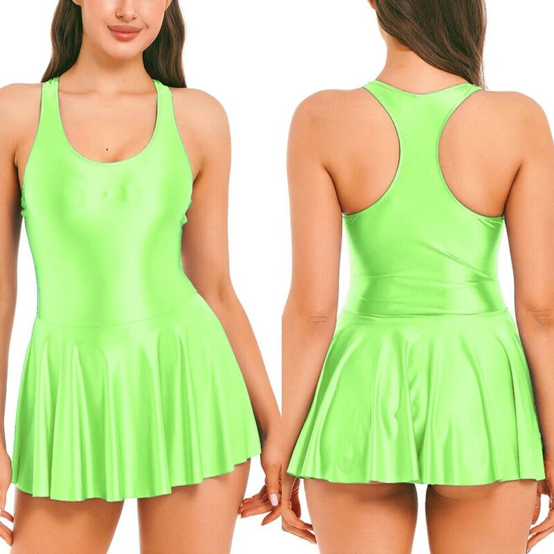 Gaun Tank top tanpa lengan melar mengkilap wanita gaun tenis atletik warna polos rok Mini berlipat berkilau minyak gaun A-line tipis
