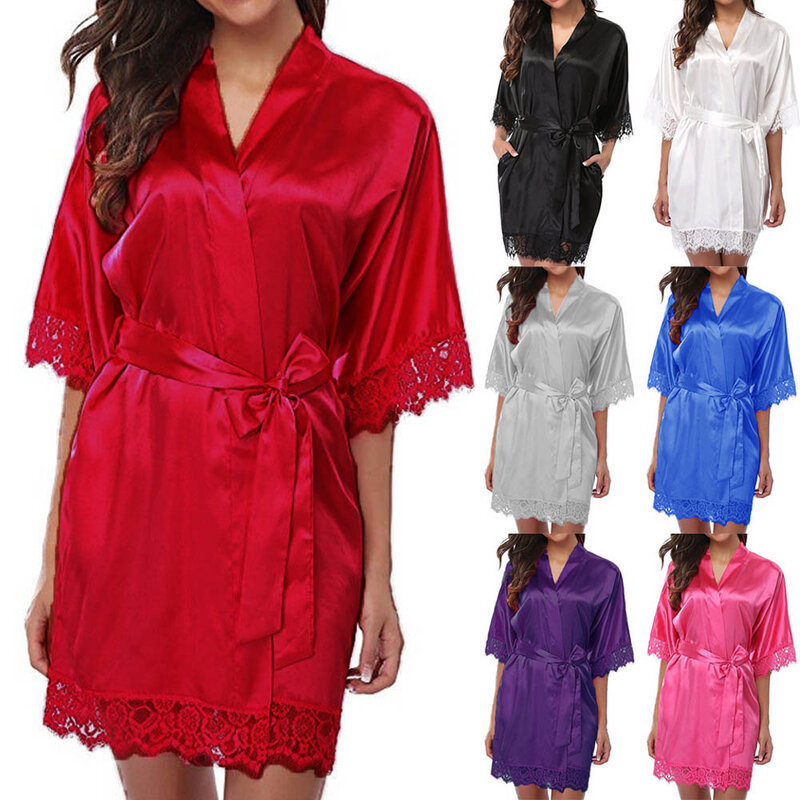 Sexy Womens Silk Satin Lace Border Nightgown Pajamas Solid Smooth Robe Dress Skin-friendly Comfortable Exquisite Nightwear
