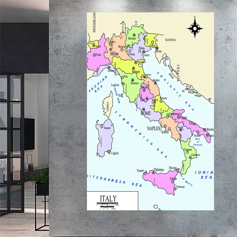 150*225cm Die Italien Politische Karte Wand Kunst Poster Nicht-woven Leinwand Malerei Spray Drucken Home Decor kinder Schule Liefert