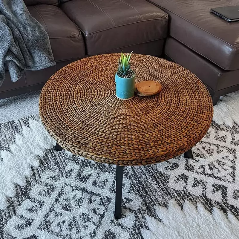 RANDEFURN Round Coffee Table, Seagrass Coffee Tables,Pine Wood X Base Frame Cocktail Table, Easy Assembled, Multiple Sizes