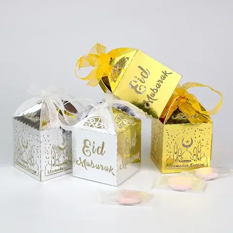 صندوق حلوى ورقي ذهبي وشظي ، ديكور رمضان سعيد ، صندوق هدايا ، عيد مبارك ، عيد الفطر رمضان ديكور مبارك