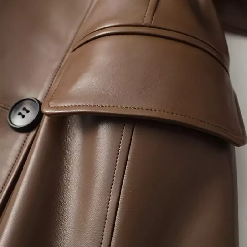 Women 2022 New Leather Trench Coats Lady Fashion Streetwear Genuine Leather Jacket Long Full Sleeve Female Clothing FG4872
