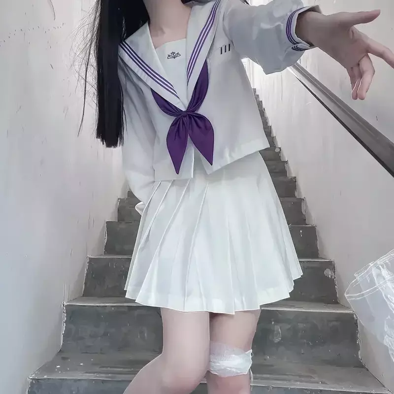 Japanese White Uniform Seifuku School Sailor Suit Purple Tie Korean Student JK Uniform Sailor Blouse Cosplay Girls Pleated Skirt