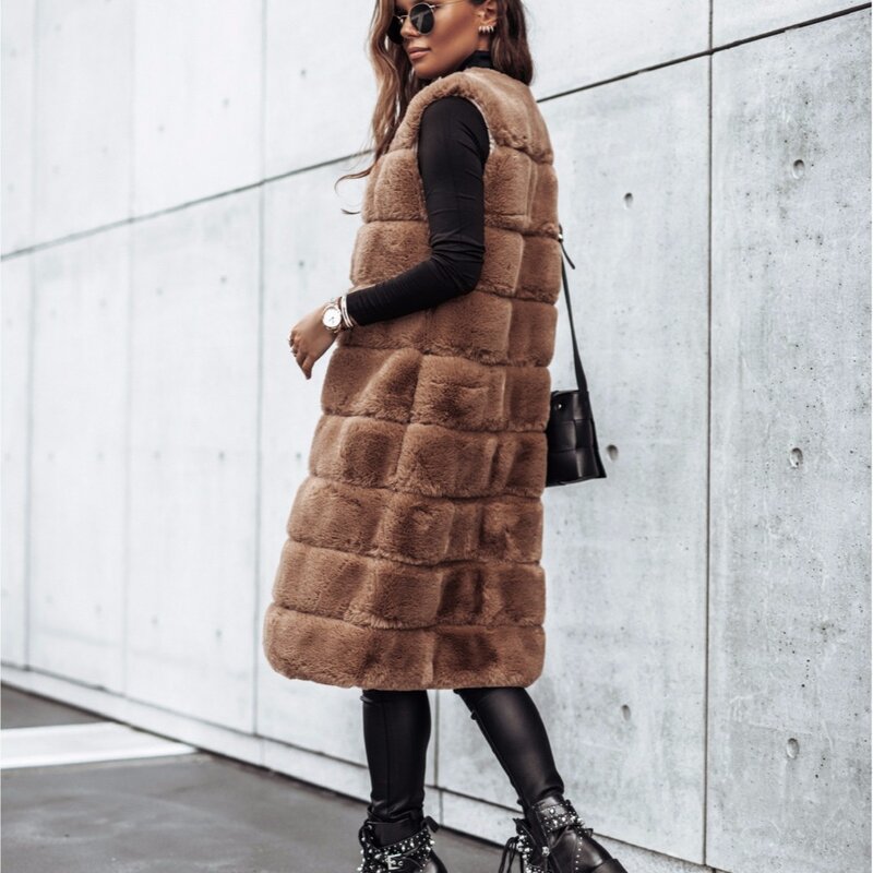 Women Long Faux Fur Fur Vests Coat Overcoat Sleeveless High Waist Autumn Winter Long Round Neck Solid Color