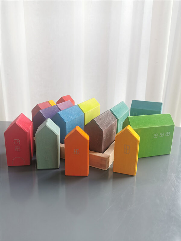 Blocos de madeira do arco-íris para crianças, Edifício Lime Wood, Casa empilhadora, Jogo Criativo