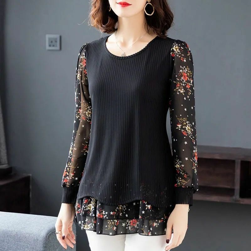 Fashion Printed Ruffles Fake Two Pieces Blouses Women's Clothing 2024 Spring Summer New Loose All-match Tops Puff Sleeve Shirts