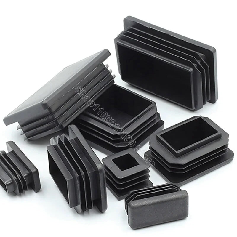 Embouts d'obturation rectangulaires en plastique noir, bouchon de tuyau en acier, coussinets de pieds de jambe de meubles, inserts de tube carré, couvercle de bondes, 10-160mm