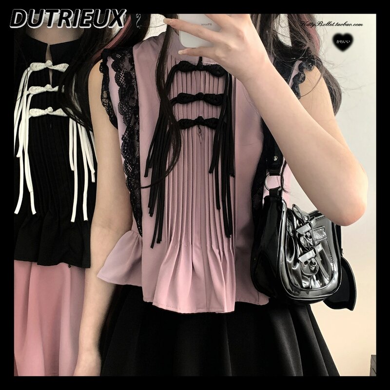 Japanese Mine Buckle Chinese Style Sleeveless Tops for Women Sweet Cute Girls Wild Stand Collar Lace Decorative Short T-shirt