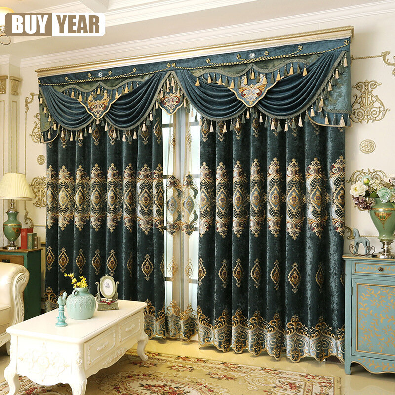 European Blue Gold Wire Chenille European Embroidered Curtains for Living Dining room Bedroom Tulle Valance Customization