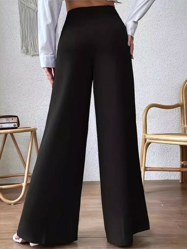 Celana panjang ukuran besar wanita, bawahan panjang hitam kasual berlipat longgar pinggang tinggi musim semi dan panas