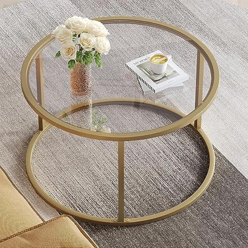 SAYGOER-Petite table basse ronde en verre doré, table centrale simple moderne avec cadre doré, table de rechange