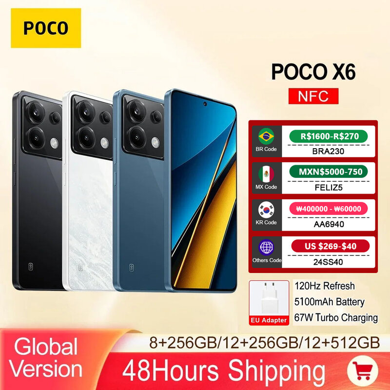 POCO X6-teléfono inteligente 5G, versión Global, NFC, Pantalla AMOLED de flujo de 6,67Hz de 120 pulgadas, Snapdragon 7s Gen 2, cámara de 64MP, carga Turbo de 67W
