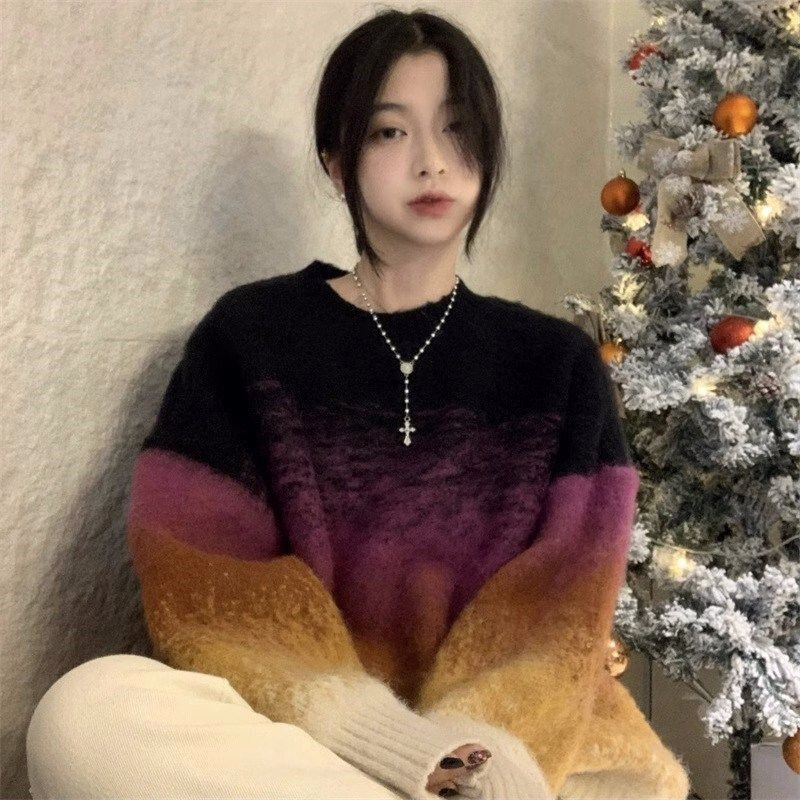 Japanese Lazy Style Design Color Gradient Mohair Sweater Women's 2024 Autumn/Winter New Thickened Mid Length Pullover Sweater