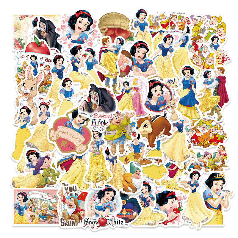 50 sztuk Disney Cartoon śnieżnobiałe naklejki film Anime deskorolka gitara Laptop słodkie Kawaii naklejka paczka dla dzieci dziewczyna zabawka