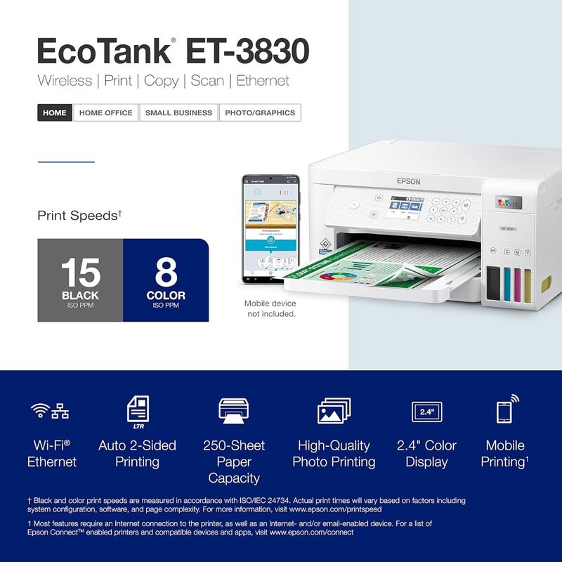 EcoTank-ET-3830 Impressora Supertank, Cor Sem Fio, Tudo-em-Um, Sem Cartucho, Digitalização, Cópia, Automática, Impressão em Dois Lados, Ethernet