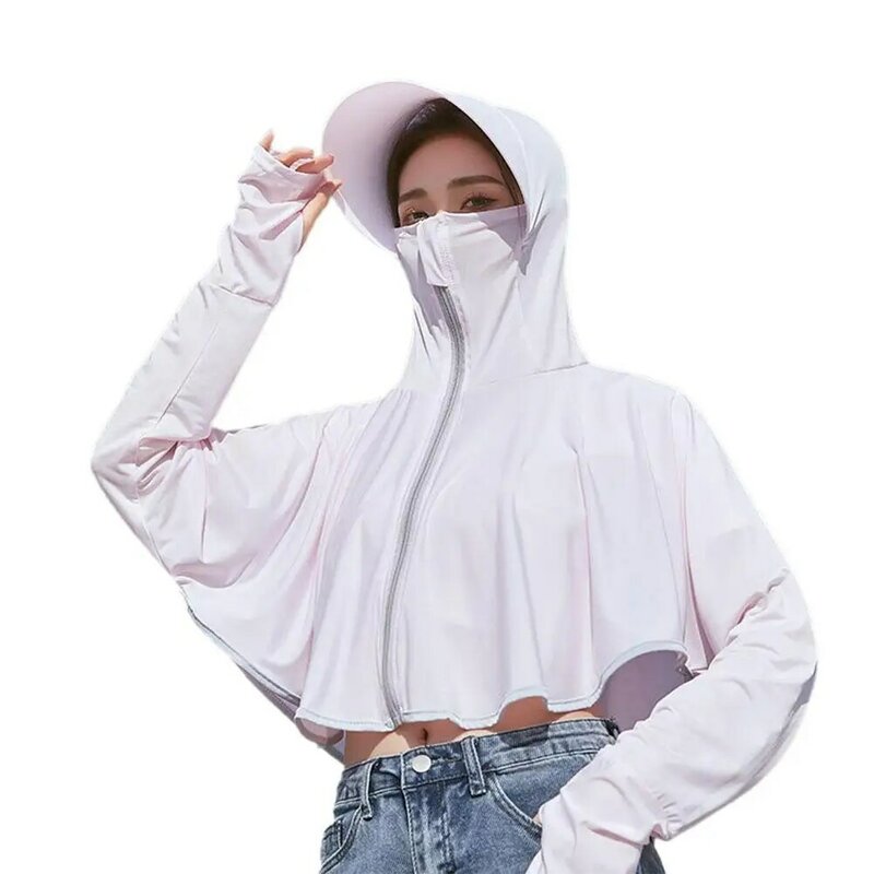 Summer Women Screen Hoodie Long-sleeved Solid Shirt Uv Color Ice Silk Cloth Breathable D0s3