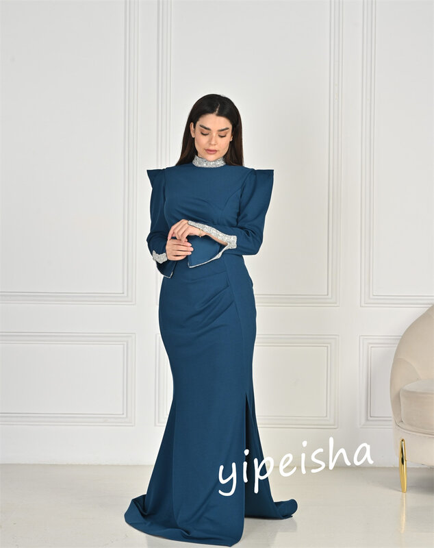 Ball Dress Evening Satin Pleat Beading Engagement A-line High Collar Bespoke Occasion Gown Long Dresses Saudi Arabia