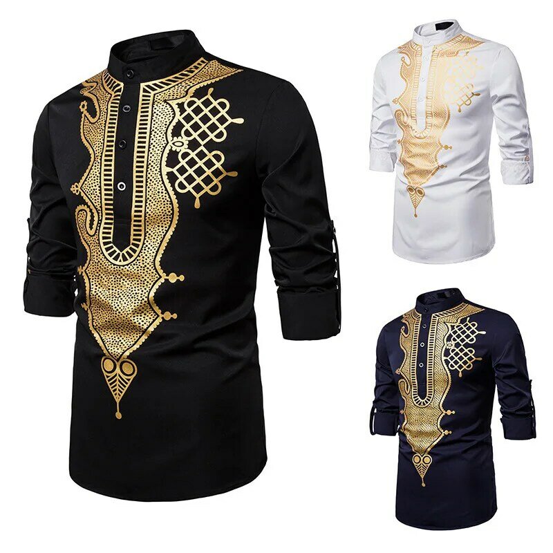 이슬람 남성 셔츠 프린트 스탠드 컬러 탑, 쿠르타 국가 프린트 긴팔 셔츠, 남성 민속 힙합 스트리트웨어