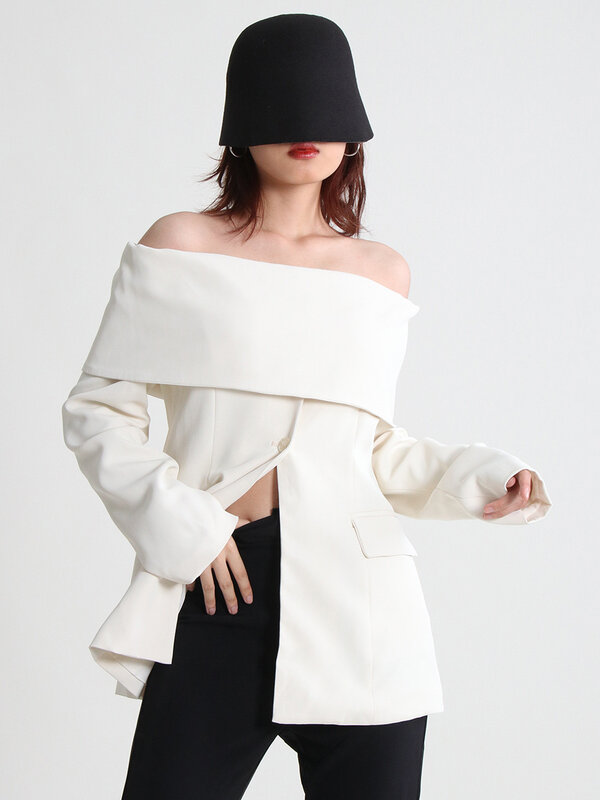 2023 Square Neck Blazer Coat Women Off Shoulder Long Sleeve Minimalist Blazers Female New Clothes