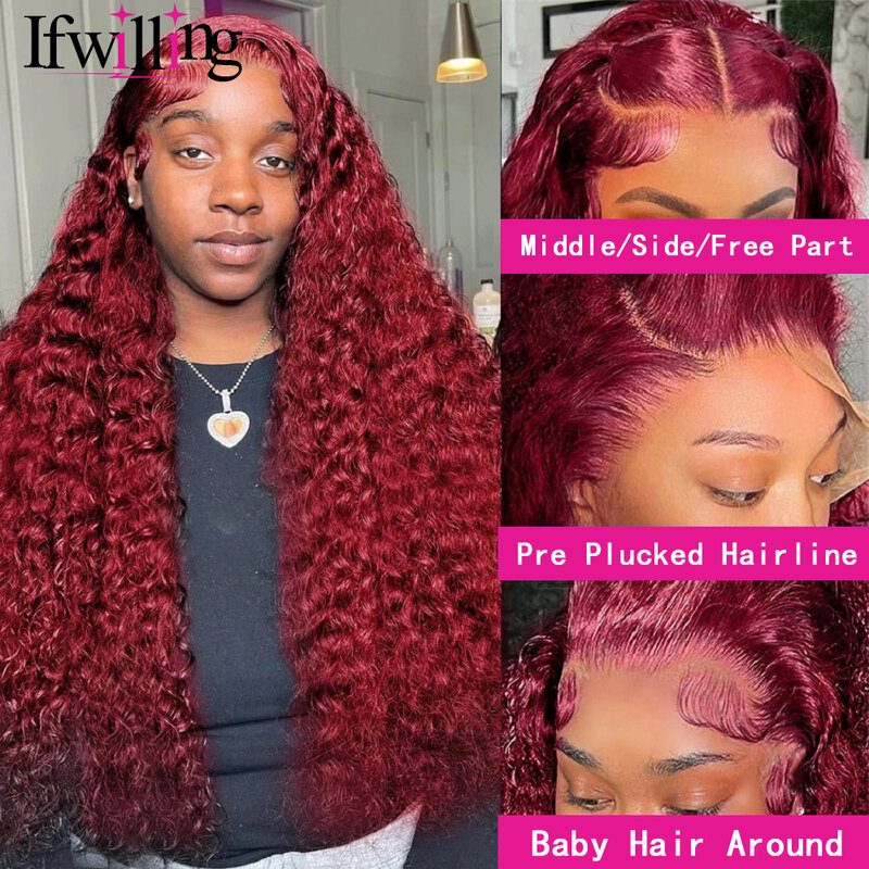 Borgonha HD Lace Frontal peruca de cabelo humano, peruca de onda profunda, colorido, 13x6, 99j