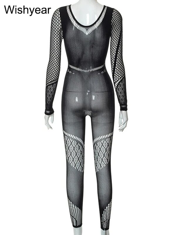 Sexy See Through Knitted Hollow Out Manga Longa Skinny One Piece Macacões para Mulheres Roupas Night Club Jumpsuit Buracos Bodysuits