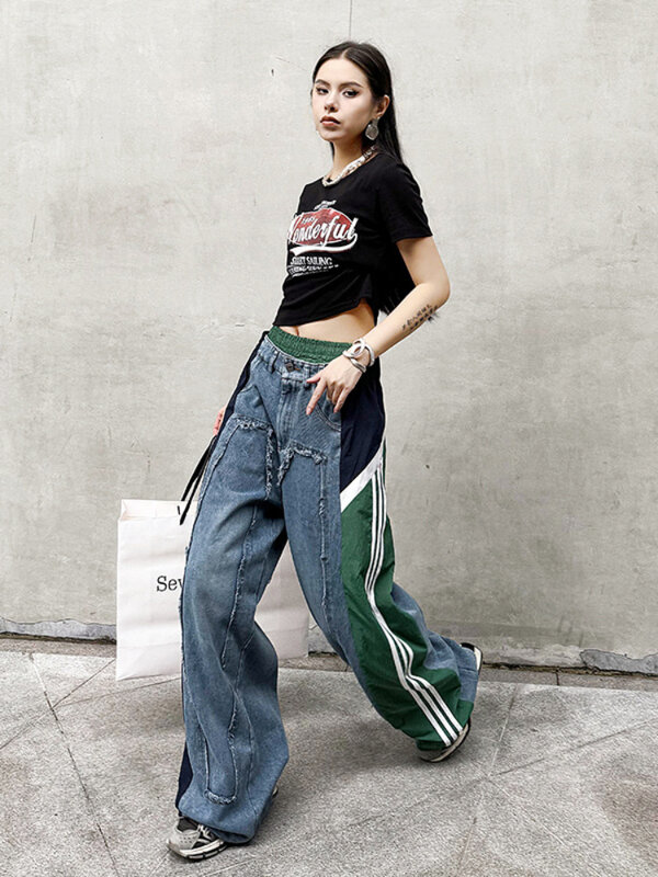 2024 Street Spicy Girl High Waisted Jeans Women's New Elastic Contrasting Color Loose Slim American Retro Denim Wide Leg Pants