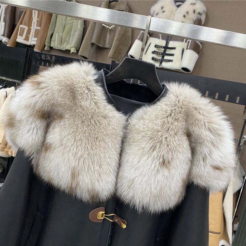 2023 진짜 천연 메리노 양 모피, 진짜 가죽 재킷, 진짜 여우 모피 칼라, 두꺼운 따뜻한 럭셔리 여성 코트, 겨울