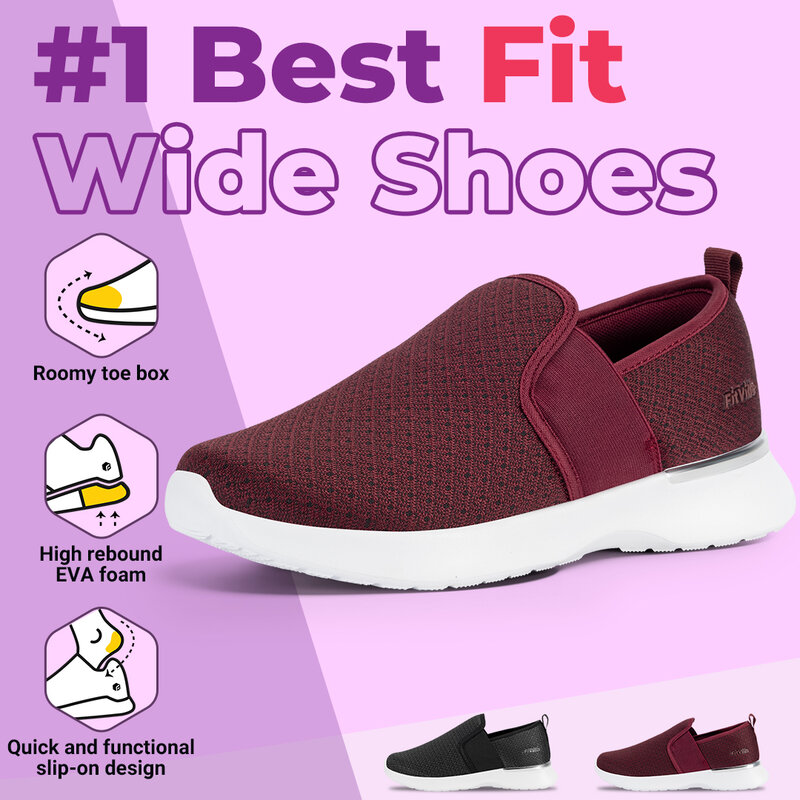 Sapatos de caminhada Fitville-Slip-On para mulheres, mocassins leves, respiráveis, design ampliado para mulheres, pés inchados, apoio do arco