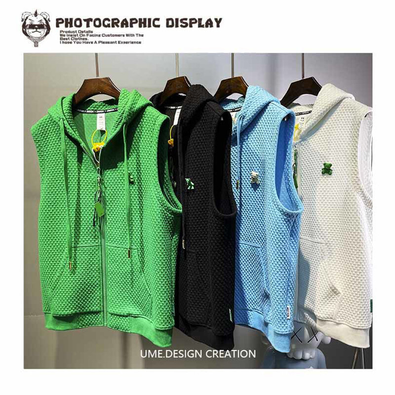Summer Plaid Print Men Drawstring Hooded Tank Tops Pocket Fashion Casual 2xl Oversized Zipper Vest Streetwear Black Blue Green