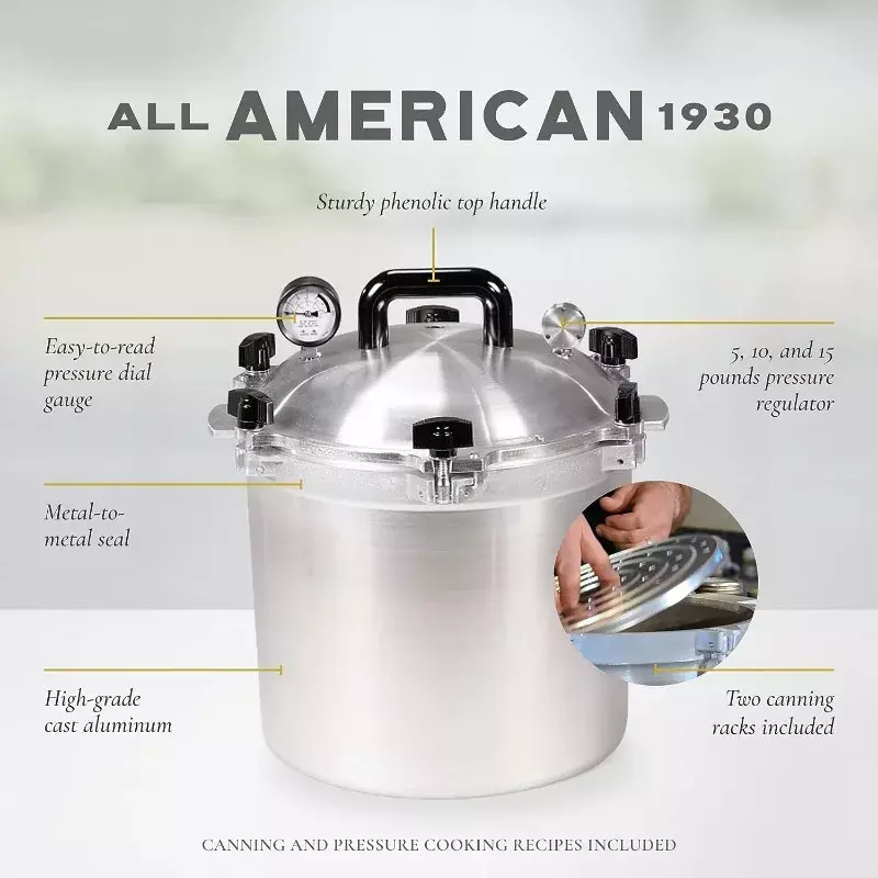 Autocuiseur/cuiseur américain 1930: 21.5qt (le 921), facile à ouvrir et à fermer, adapté aux cuisinières à gaz, électriques ou plates