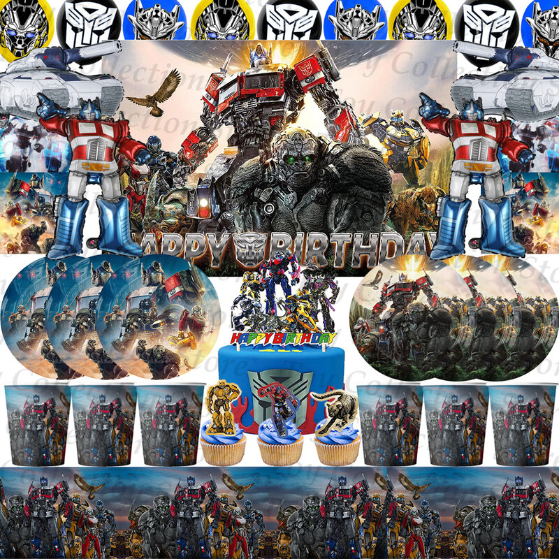 Transformers-Fournitures de fête pour garçon, décoration de fête d'anniversaire pour enfants, accessoires de fête, tasses, assiettes, ballons en latex en aluminium, britware