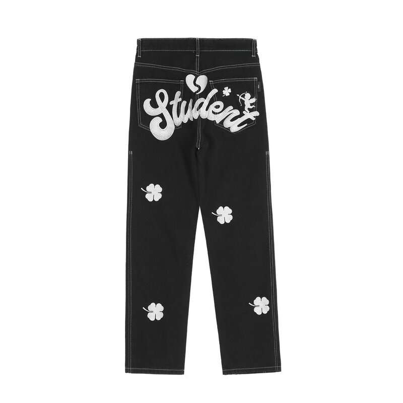 Jeans americanos bordados com emenda em letras, calças retas soltas, calças casuais para homens, roupa de rua, tendência INS, 2024