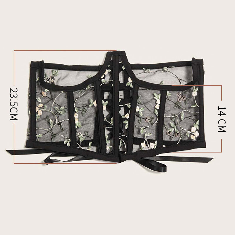 Moda ricamo floreale corsetto nero corsetti a vita alta Harajuku maglia Vintage vedere attraverso la vita Shaper corsetti Cummerbunds
