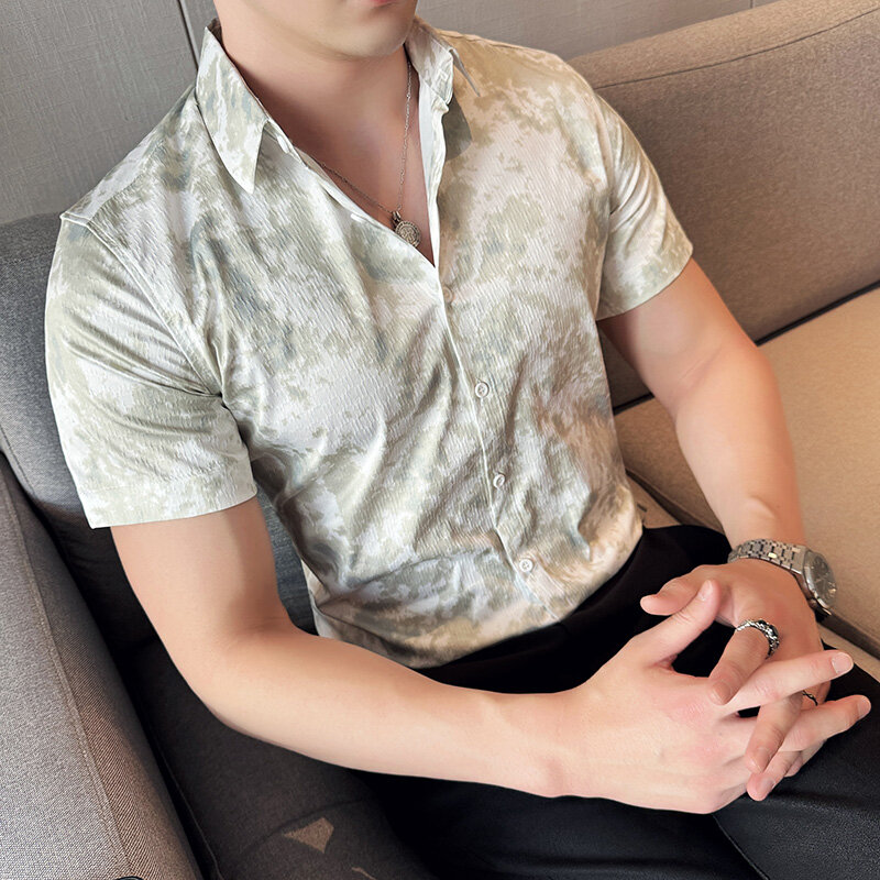 Camisa masculina estampada com tinta havaiana, camisa de manga curta masculina, vestido justo, blusa casual, estilo chinês, verão, 4XL