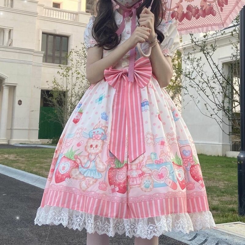[Bunny Doctor Angel] Sweet Lolita Dress Jsk Cute Printing Dress Bow Sleeveless Lace Ruffles Lace Girly Camisole Dress