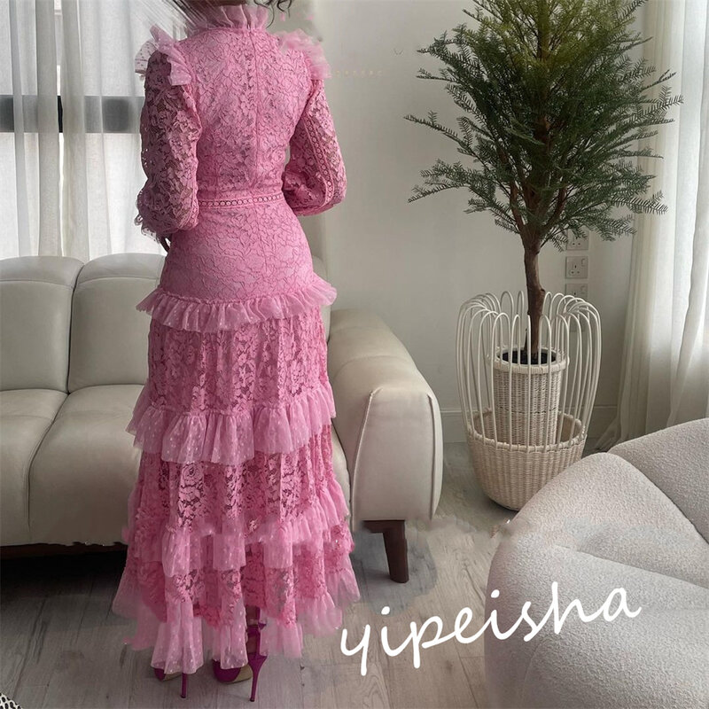 Prom Dress Saudi Arabia Modern Style Formal Evening High Collar A-line Tulle Tiered Lace Bespoke Occasion Dresses