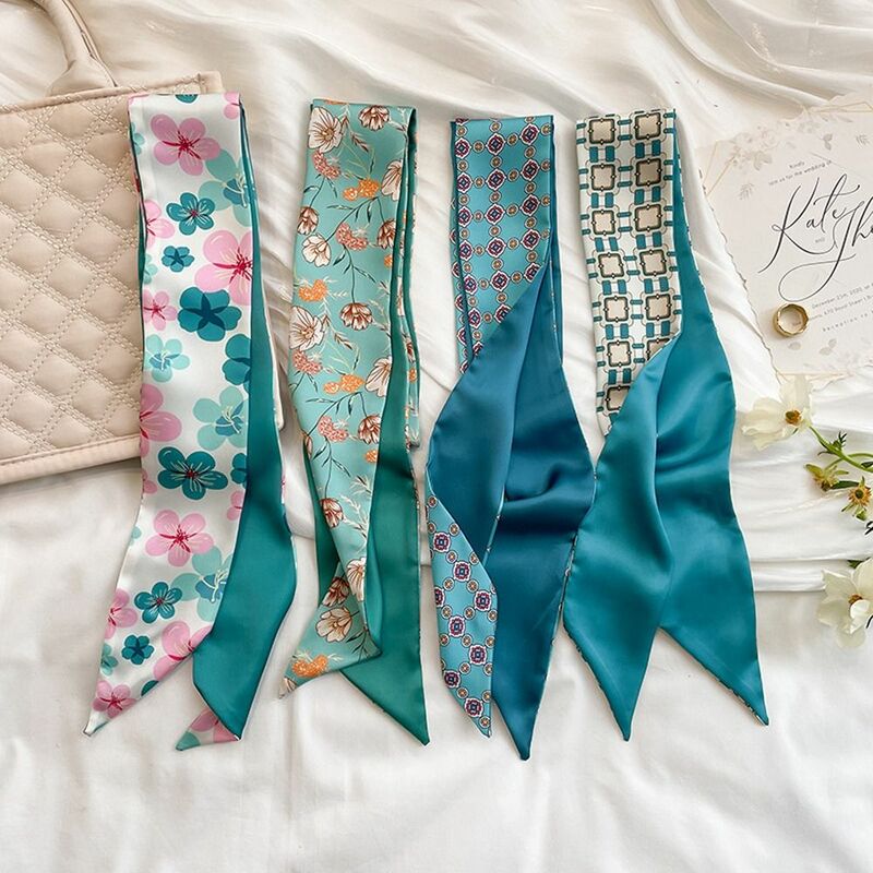 Bufandas de estilo coreano para mujer, pañuelos a cuadros de leopardo y hojas, bandas para el cabello a rayas, bufanda de seda satinada, bufanda con estampado de flores, cinta para el cabello