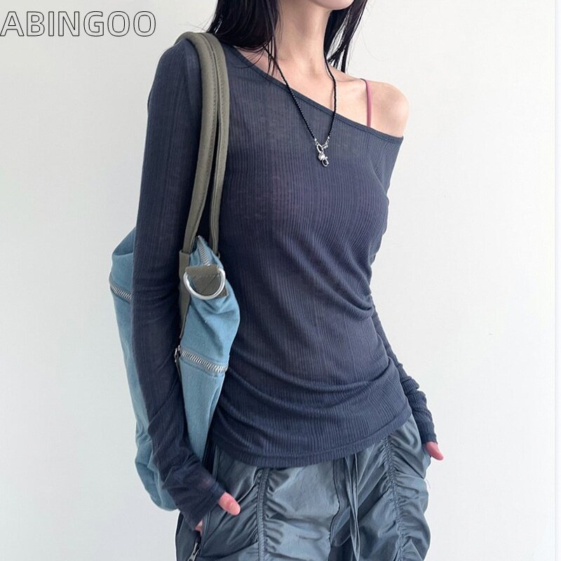 ABINGOO-Pulôver feminino de manga comprida com gola redonda, camiseta de malha, monocromática, costas abertas, slim fit, blusa casual, básico, outono, inverno