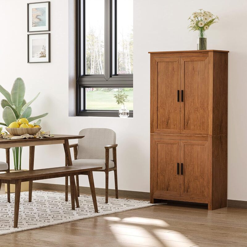 64" 4-Door Kitchen Pantry, Freestanding Storage Cabinet with 3 Adjustable Shelves for Kitchen, Dining or Living Room