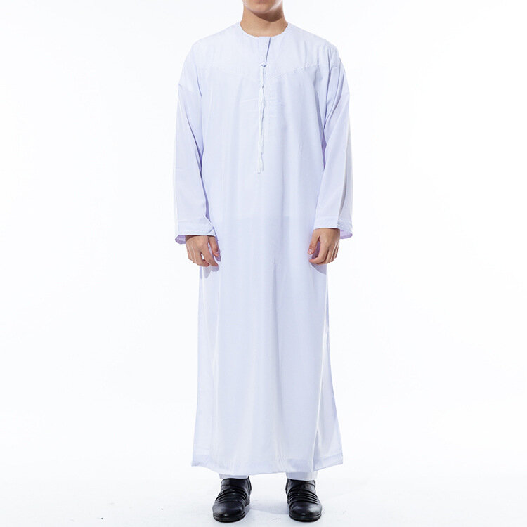 Мусульманская Мода для мужчин Jubba Thobe с длинным рукавом белый цвет круглый вырез исламский арабский кафтан Мужская абайя Исламская одежда